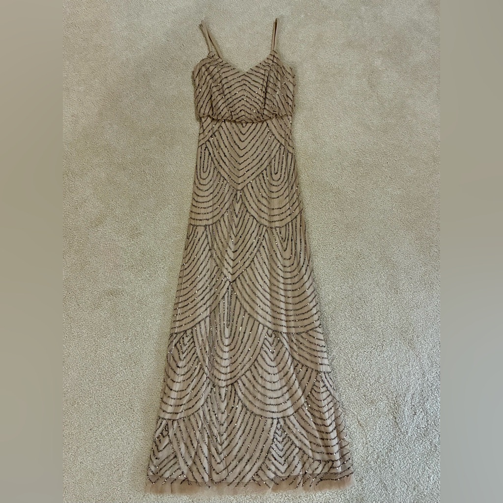 Adrianna Papell Beige Scalloped Beaded Blouson Gown Dress 4 Art Deco Mod